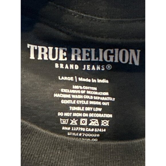 True Religion Mens Black Graphic Tee Large 100% Cotton NWT Distressed Look - Picture 2 of 5